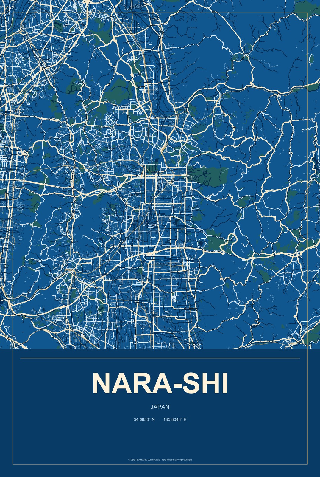 Nara-shi, Japan City Map Aluminum Sign in Harbor Cobalt style