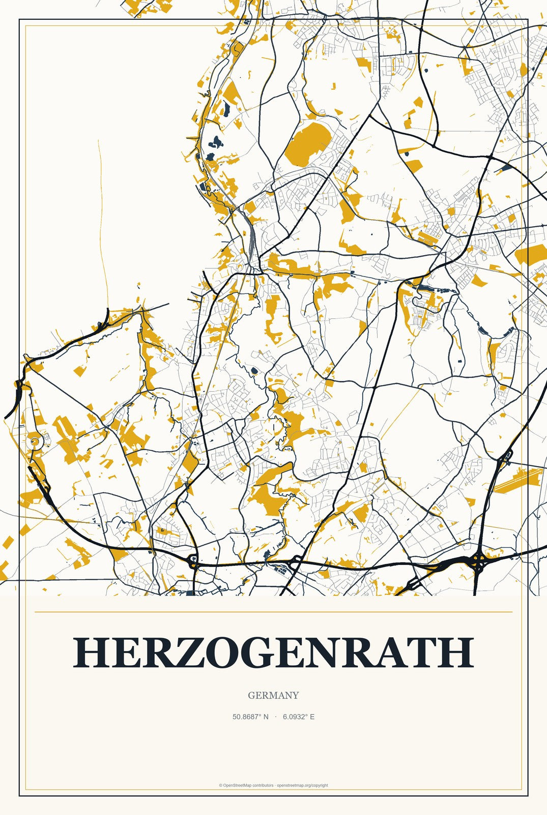 Herzogenrath, Germany City Map Aluminum Sign in Citrine Modern style