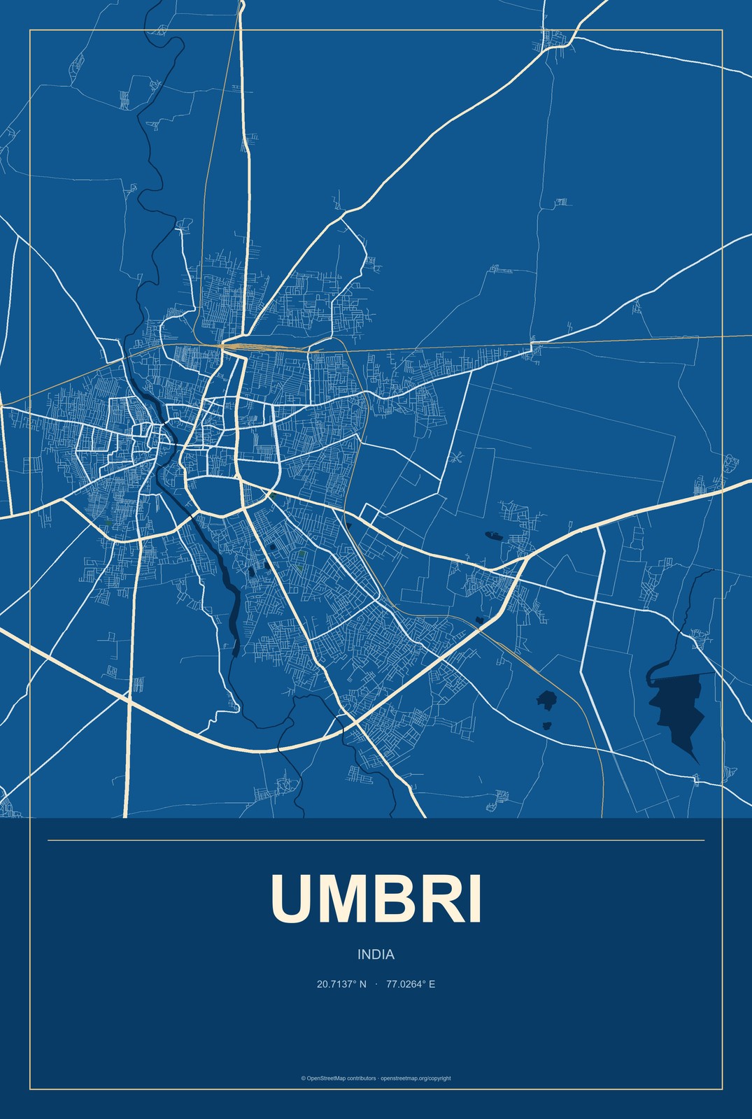 Umbri, India City Map Aluminum Sign in Harbor Cobalt style