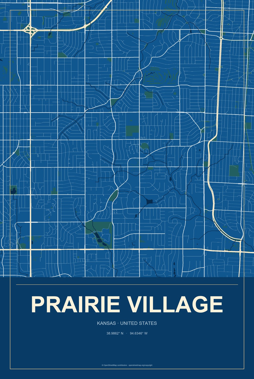 Prairie Village, Kansas City Map Aluminum Sign in Harbor Cobalt style
