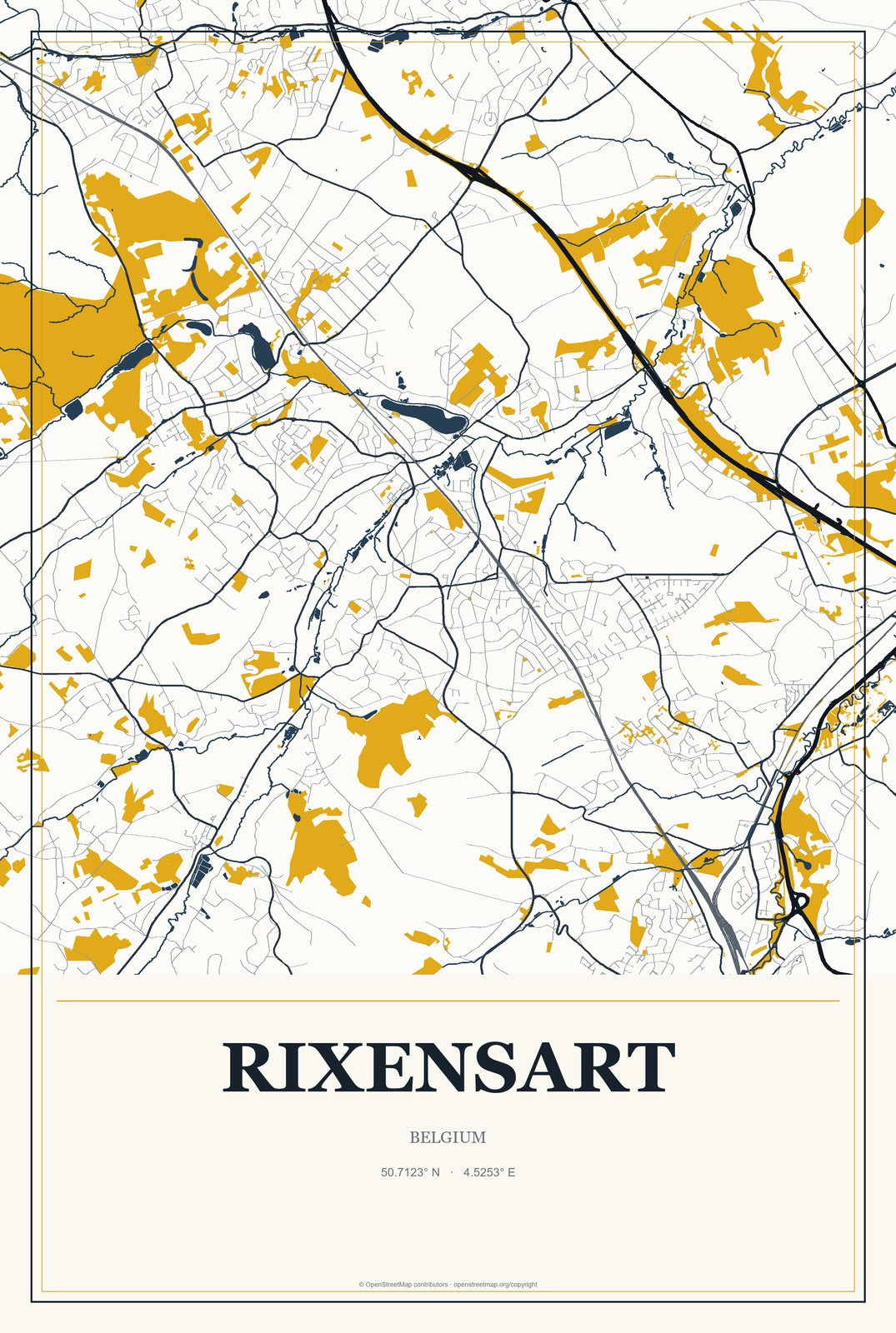 Rixensart, Belgium City Map Aluminum Sign in Citrine Modern style