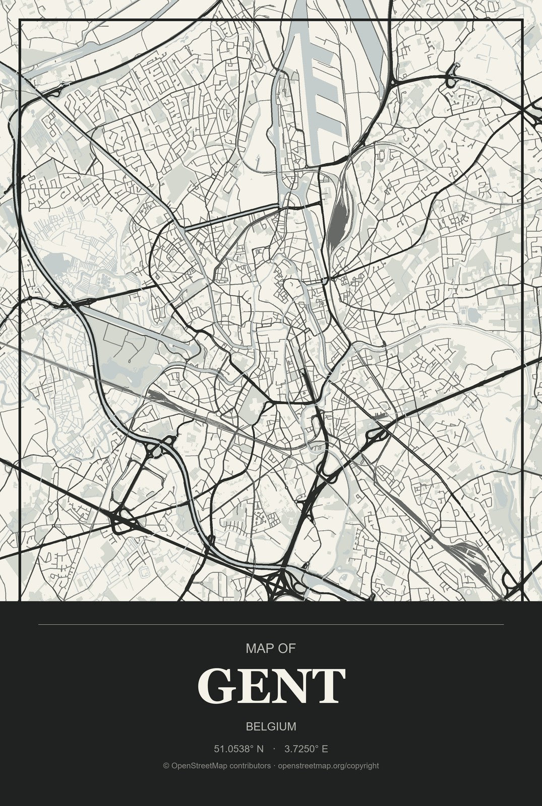 Gent, Belgium City Map Aluminum Sign in Museum Plaque style