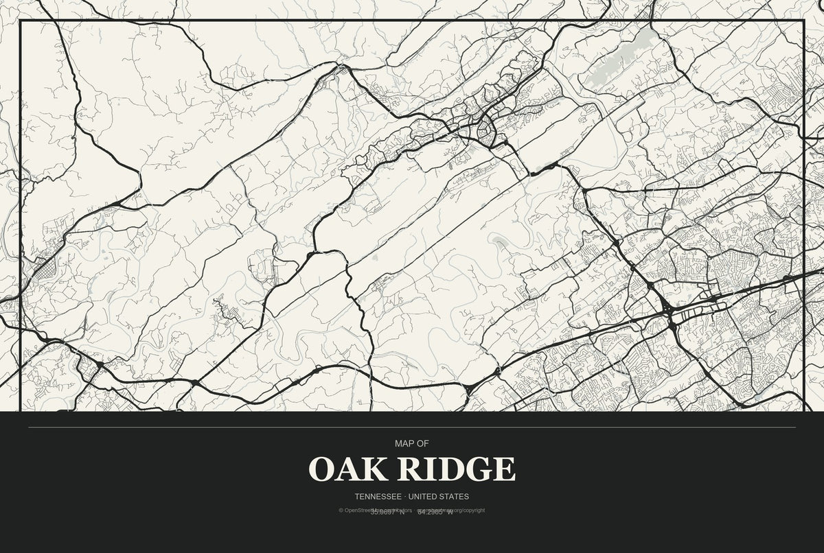 Oak Ridge, Tennessee City Map Aluminum Sign in Museum Plaque style