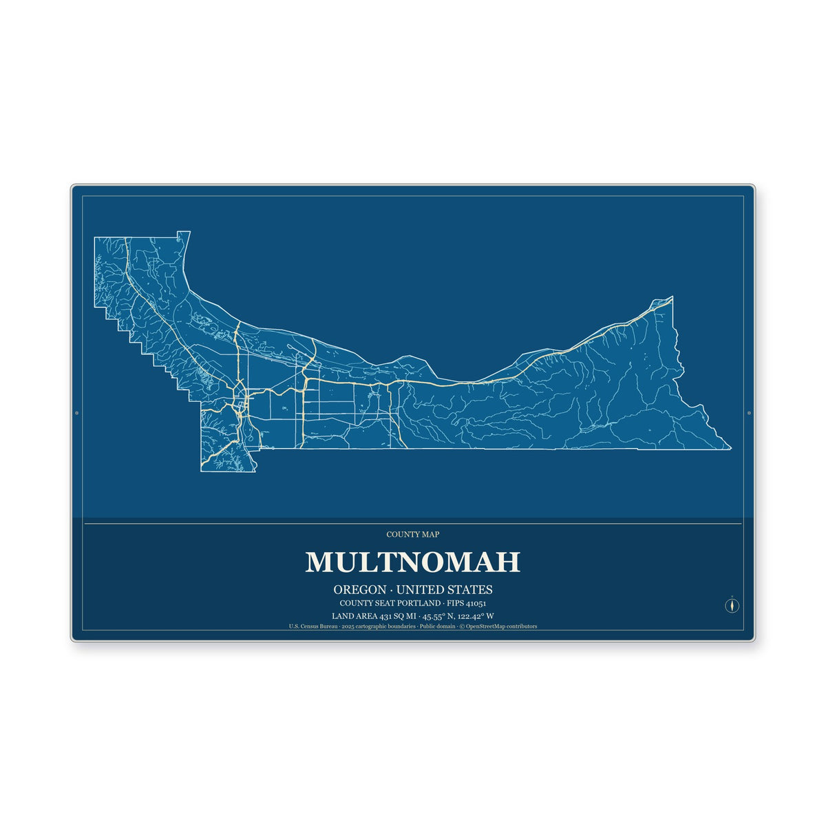 Multnomah County, Oregon Map Aluminum Sign in Harbor Cobalt style
