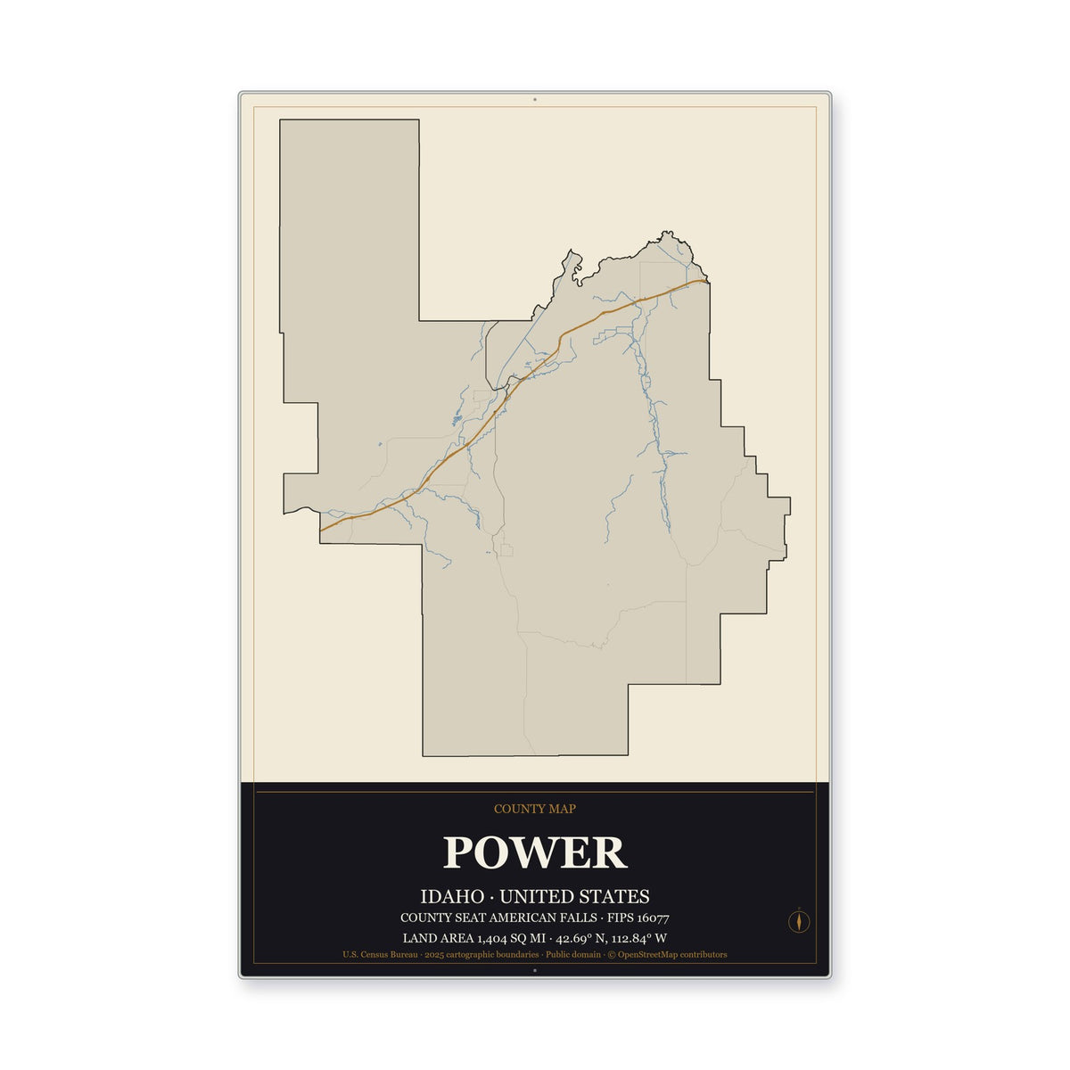 Power County, Idaho Map Aluminum Sign in Museum Plaque style