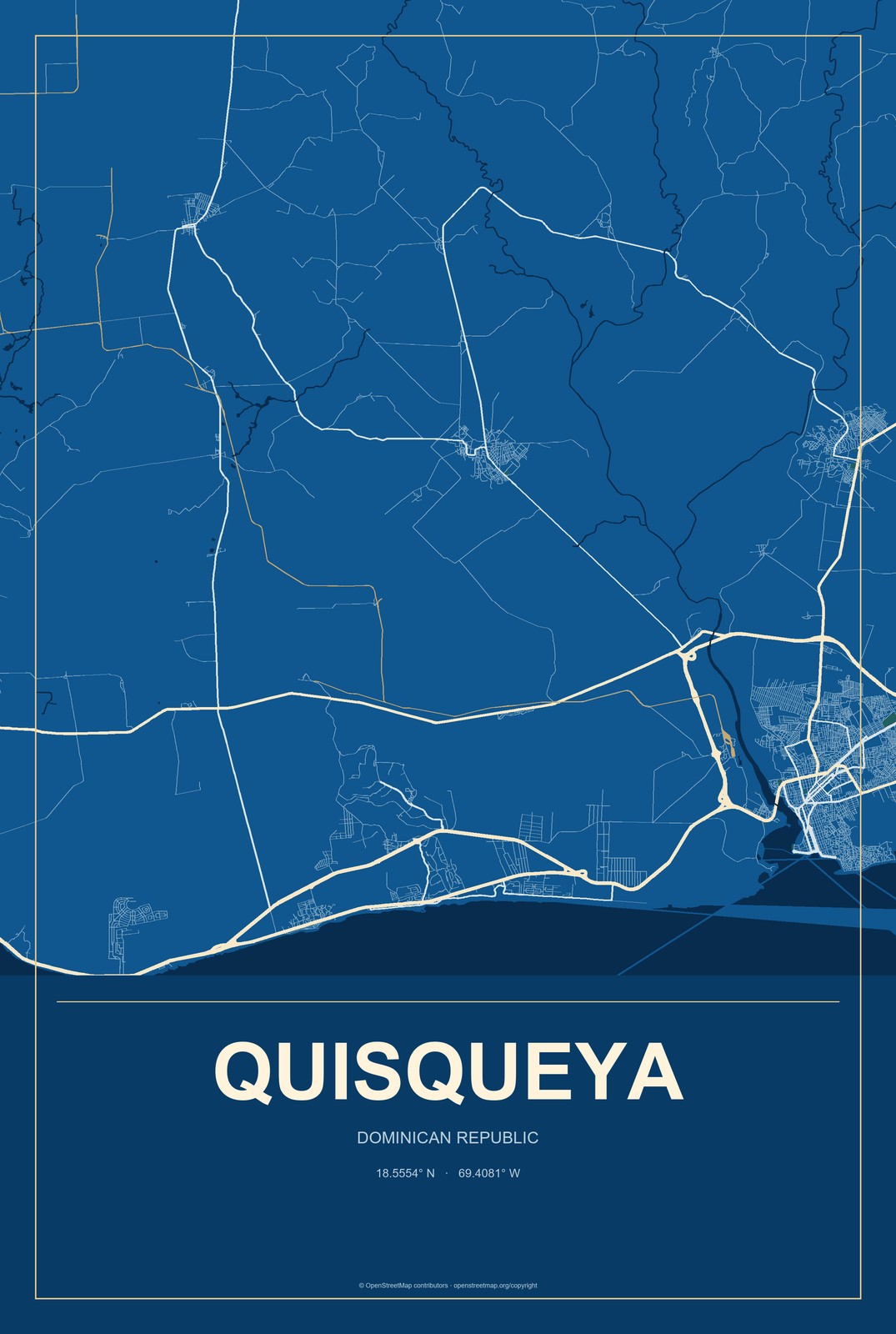 Quisqueya, Dominican Republic City Map Aluminum Sign in Harbor Cobalt style