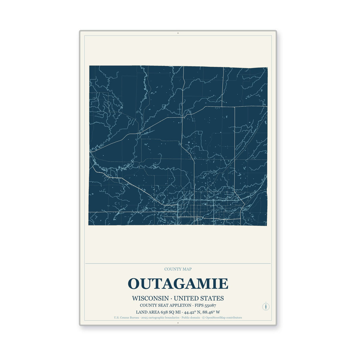 Outagamie County, Wisconsin Map Aluminum Sign in Coastal Cutout style