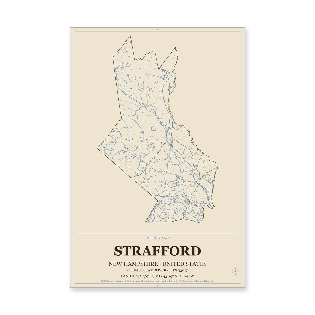 Strafford County, New Hampshire Map Aluminum Sign in Heritage Nautical style
