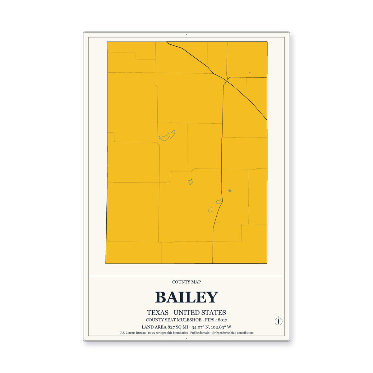 Bailey County, Texas Map Aluminum Sign in Citrine Modern style