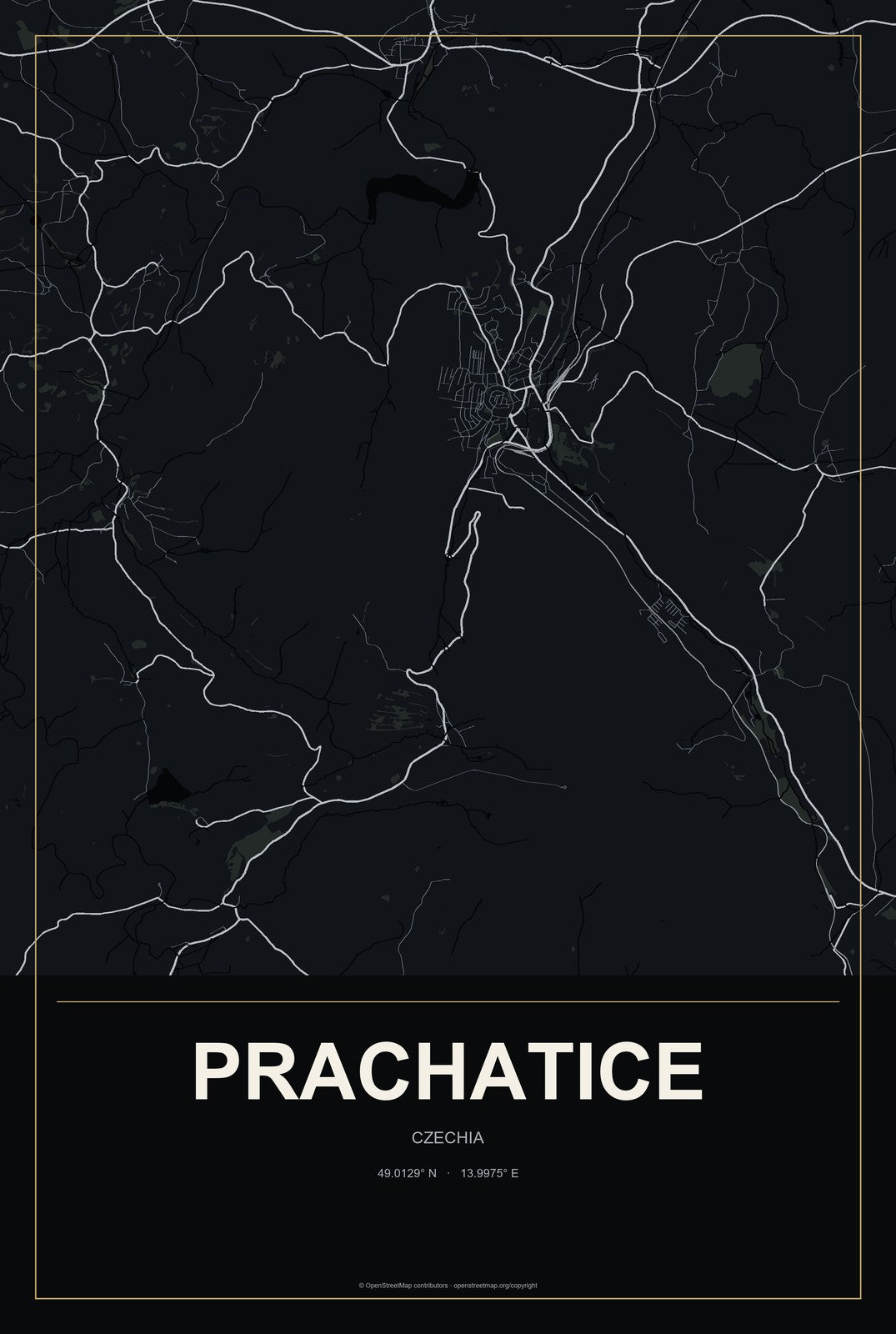 Prachatice, Czechia City Map Aluminum Sign in Metropolitan Noir style