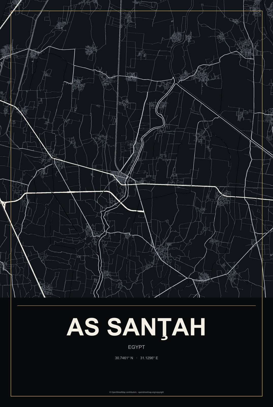 As Sanţah, Egypt City Map Aluminum Sign in Metropolitan Noir style