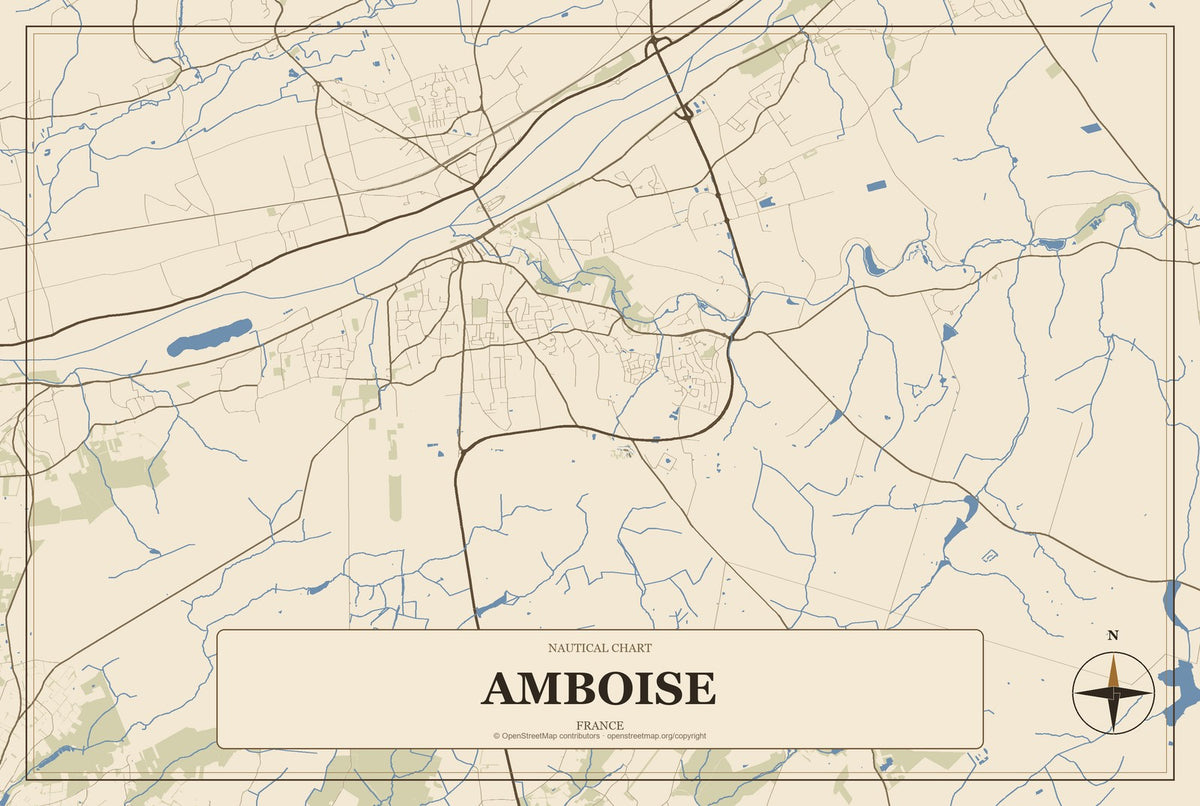 Amboise, France City Map Aluminum Sign in Heritage Nautical style
