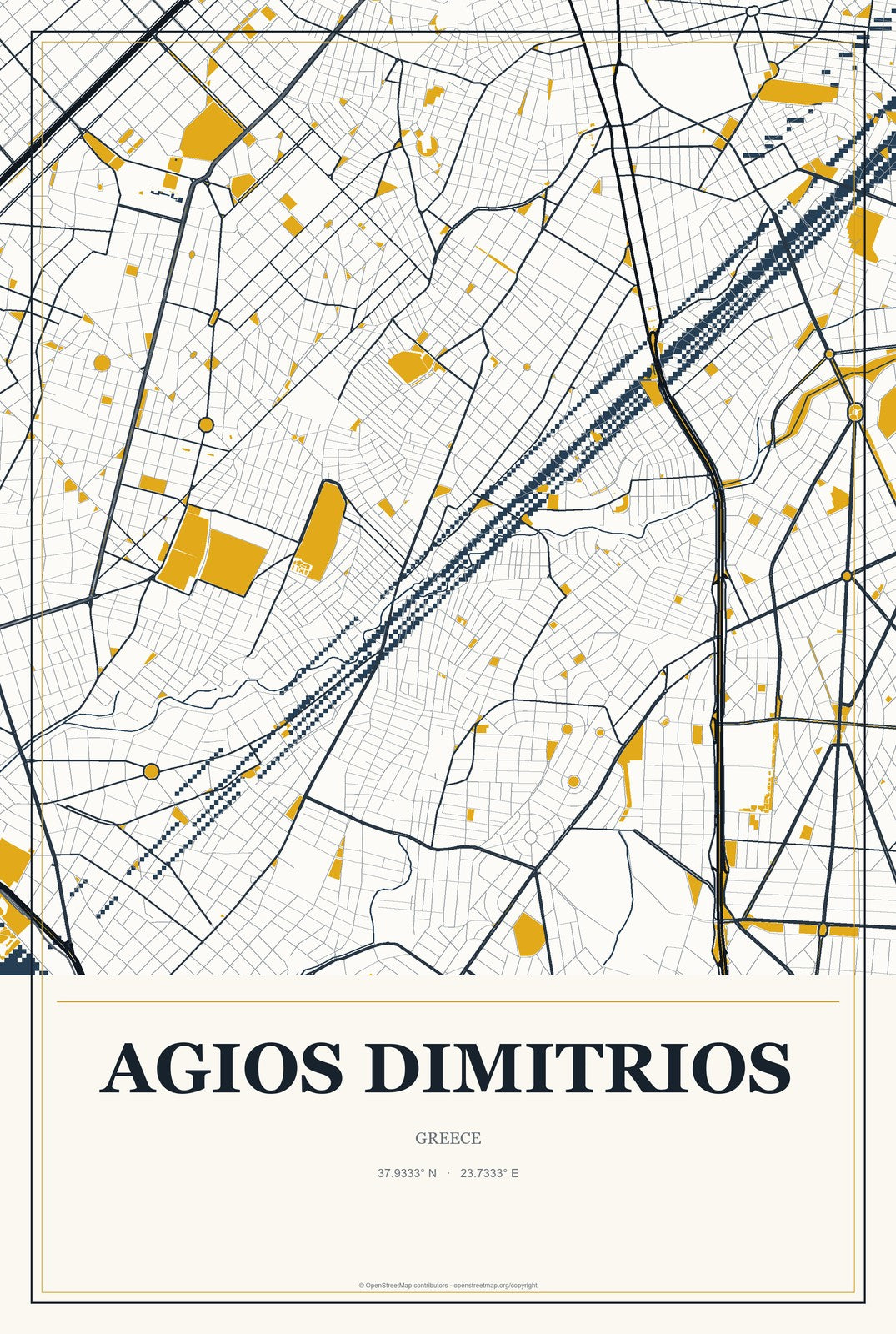 Agios Dimitrios, Greece City Map Aluminum Sign in Citrine Modern style