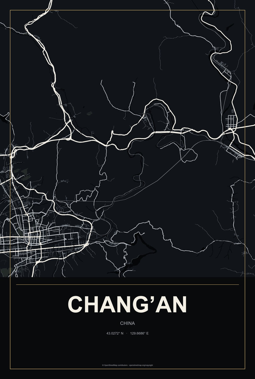 Chang’an, Jilin, China City Map Aluminum Sign in Metropolitan Noir style