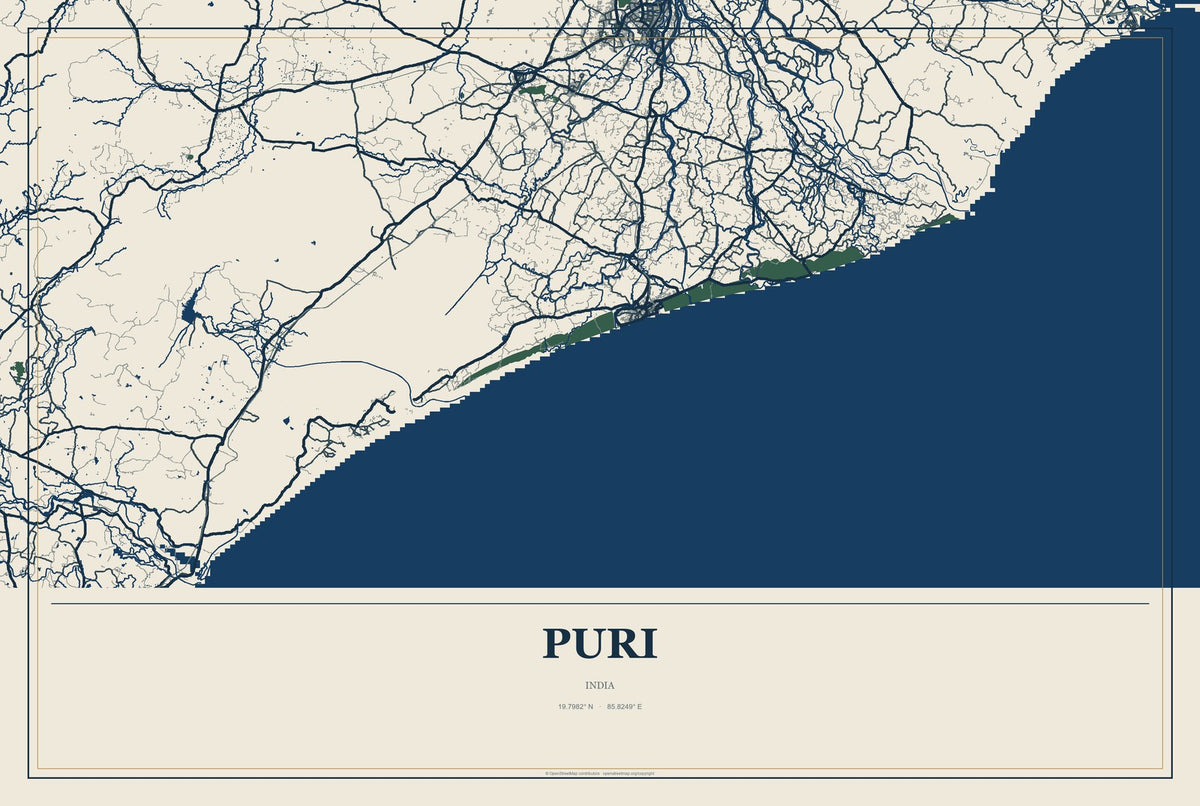 Puri, India City Map Aluminum Sign in Coastal Cutout style