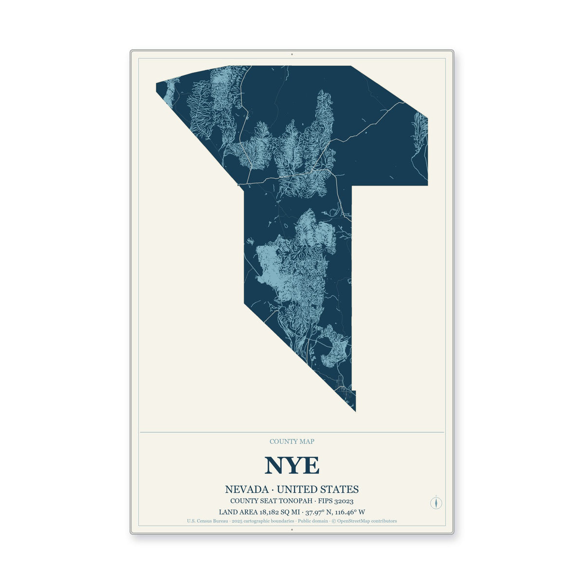 Nye County, Nevada Map Aluminum Sign in Coastal Cutout style