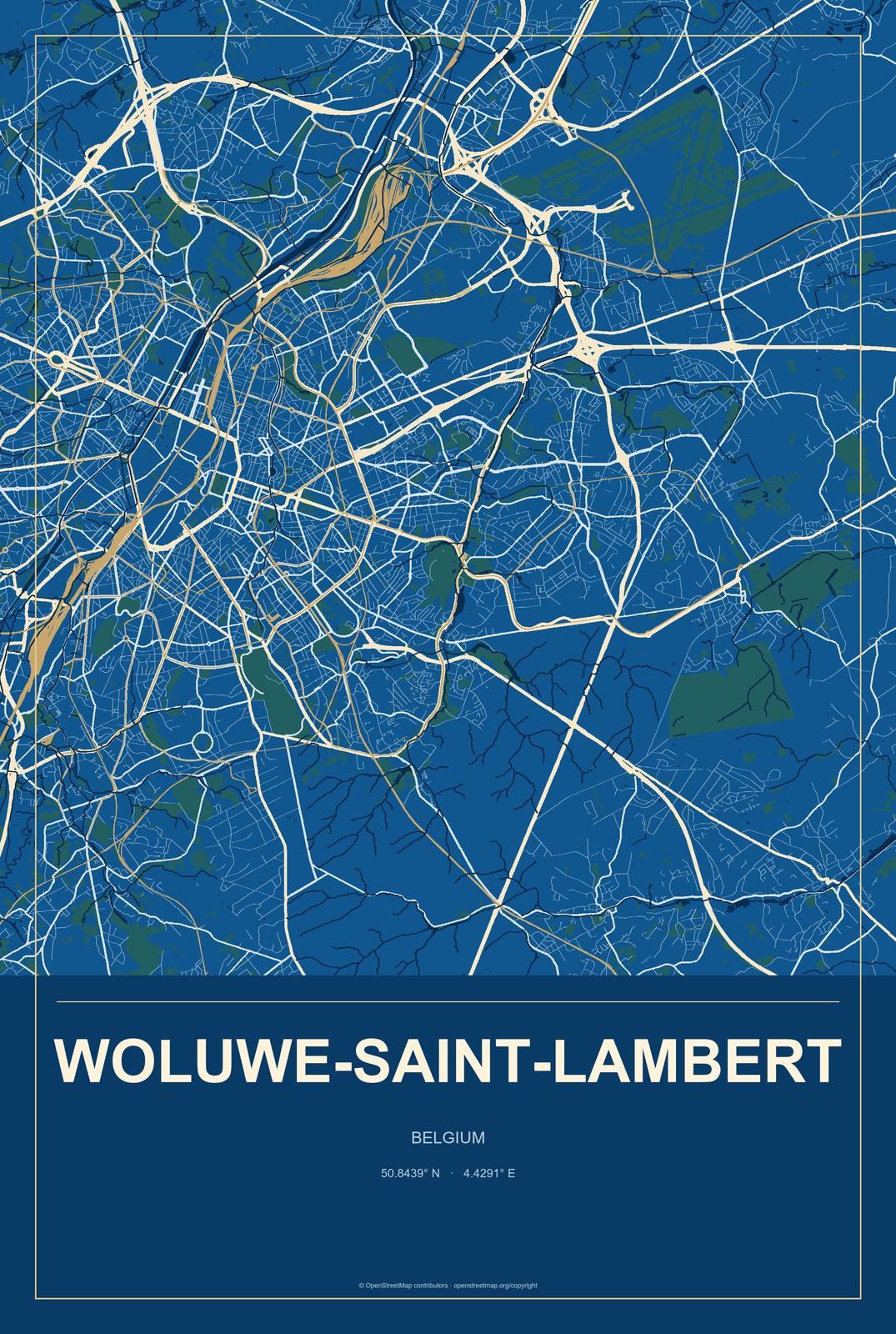 Woluwe-Saint-Lambert, Belgium City Map Aluminum Sign in Harbor Cobalt style