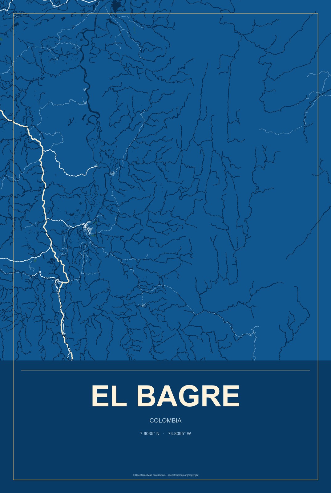 El Bagre, Colombia City Map Aluminum Sign in Harbor Cobalt style