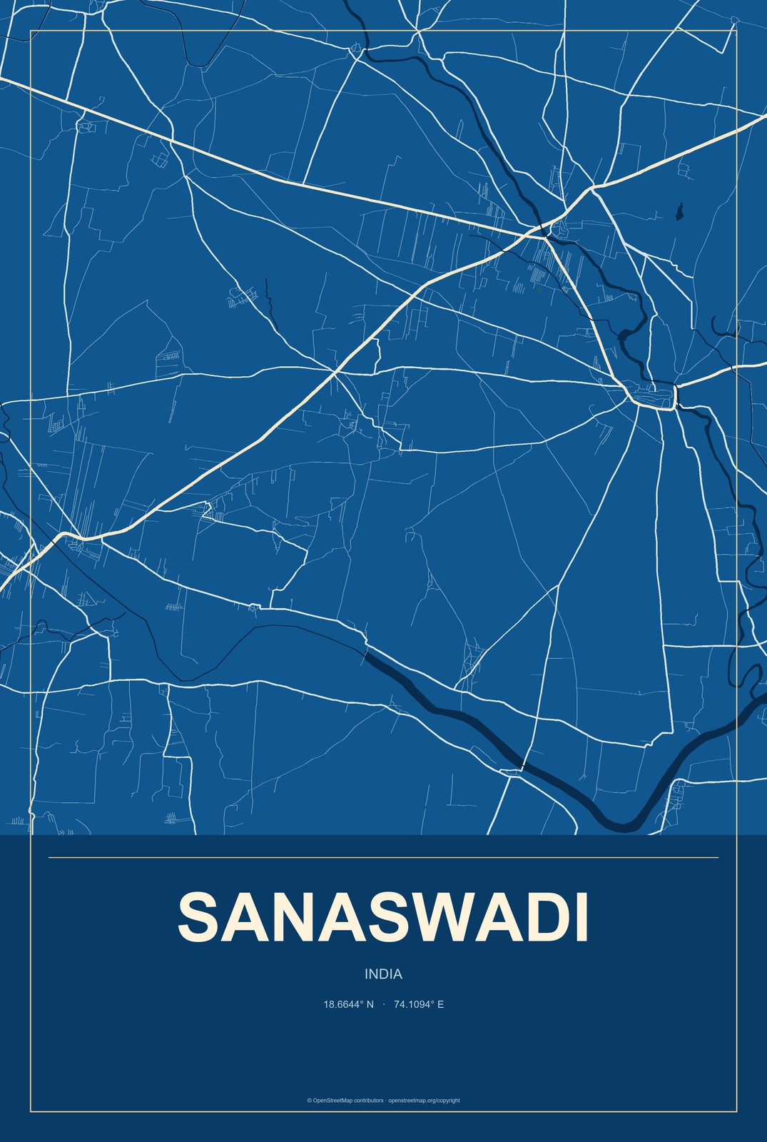 Sanaswadi, India City Map Aluminum Sign in Harbor Cobalt style