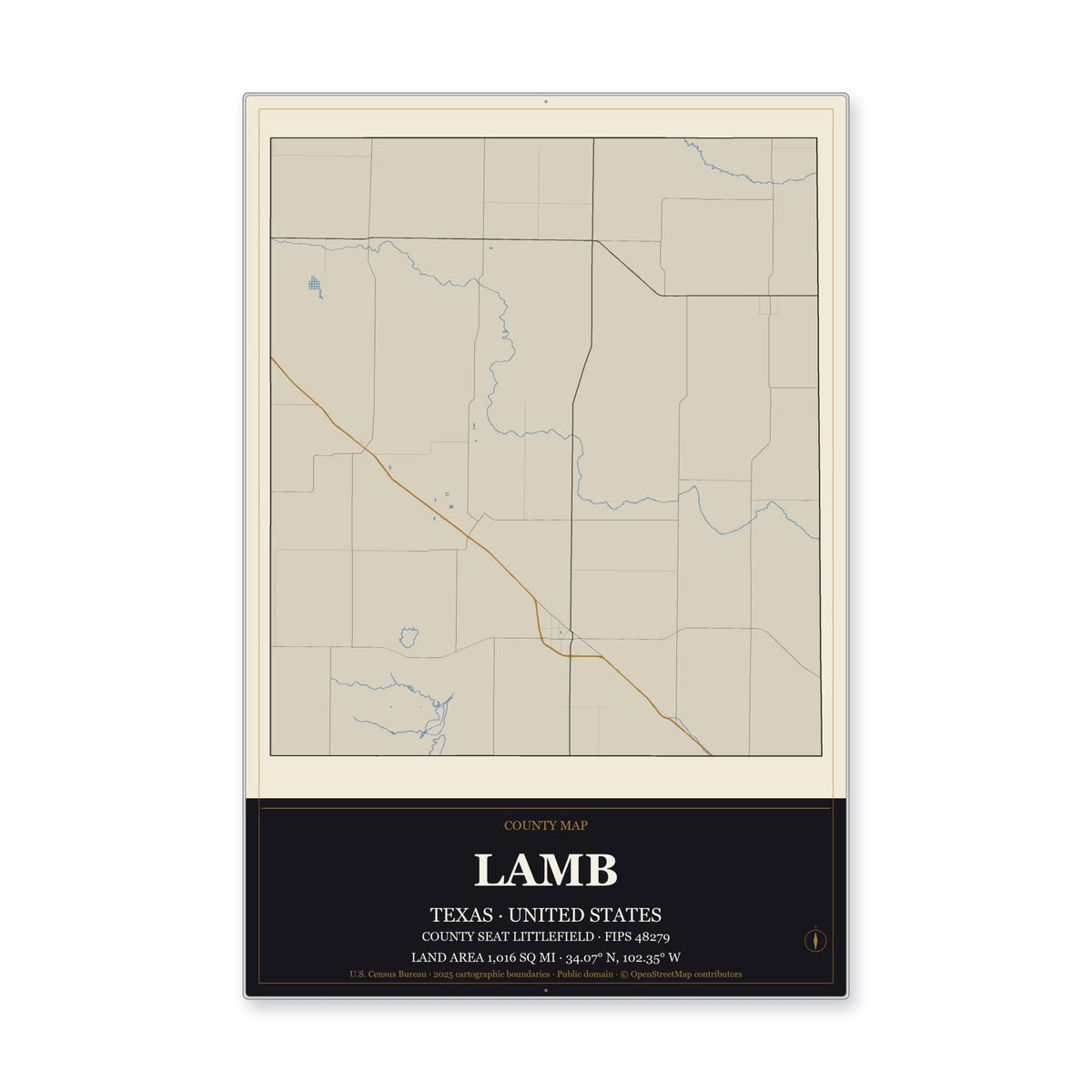 Lamb County, Texas Map Aluminum Sign in Museum Plaque style