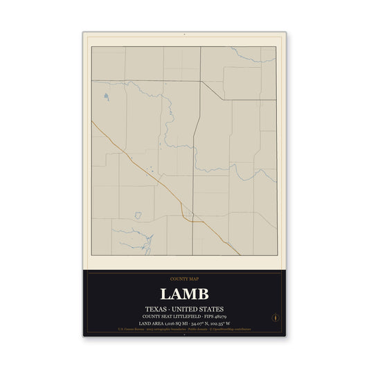 Lamb County, Texas Map Aluminum Sign in Museum Plaque style