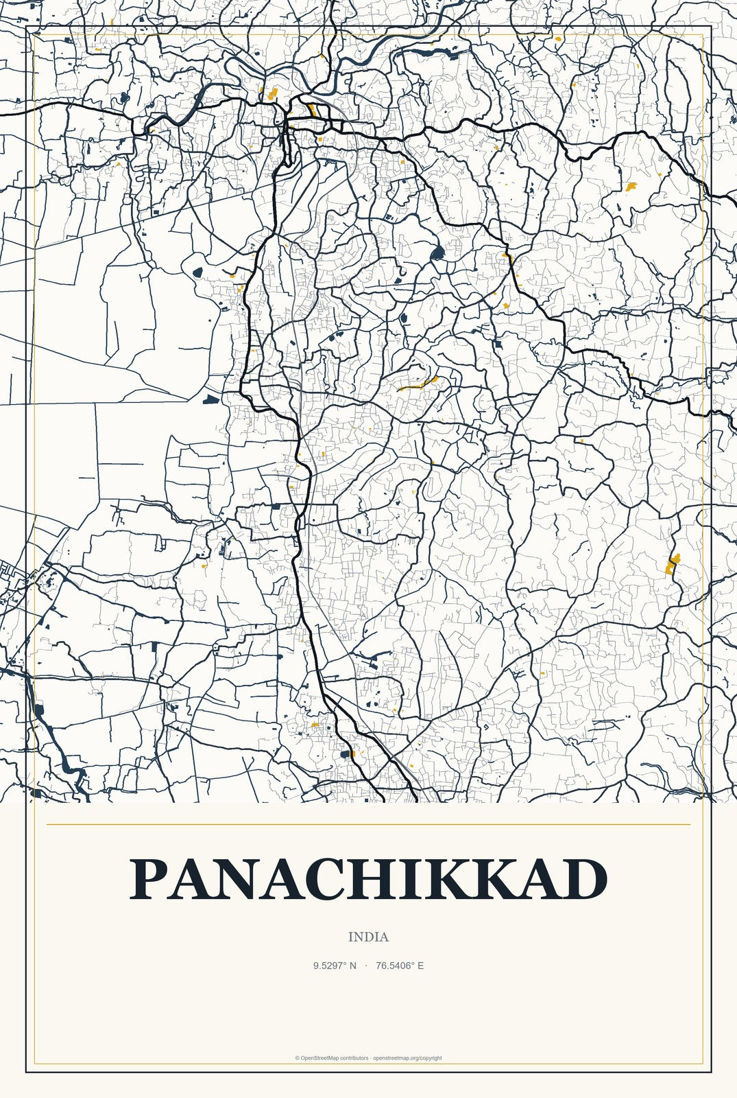 Panachikkad, India City Map Aluminum Sign in Citrine Modern style