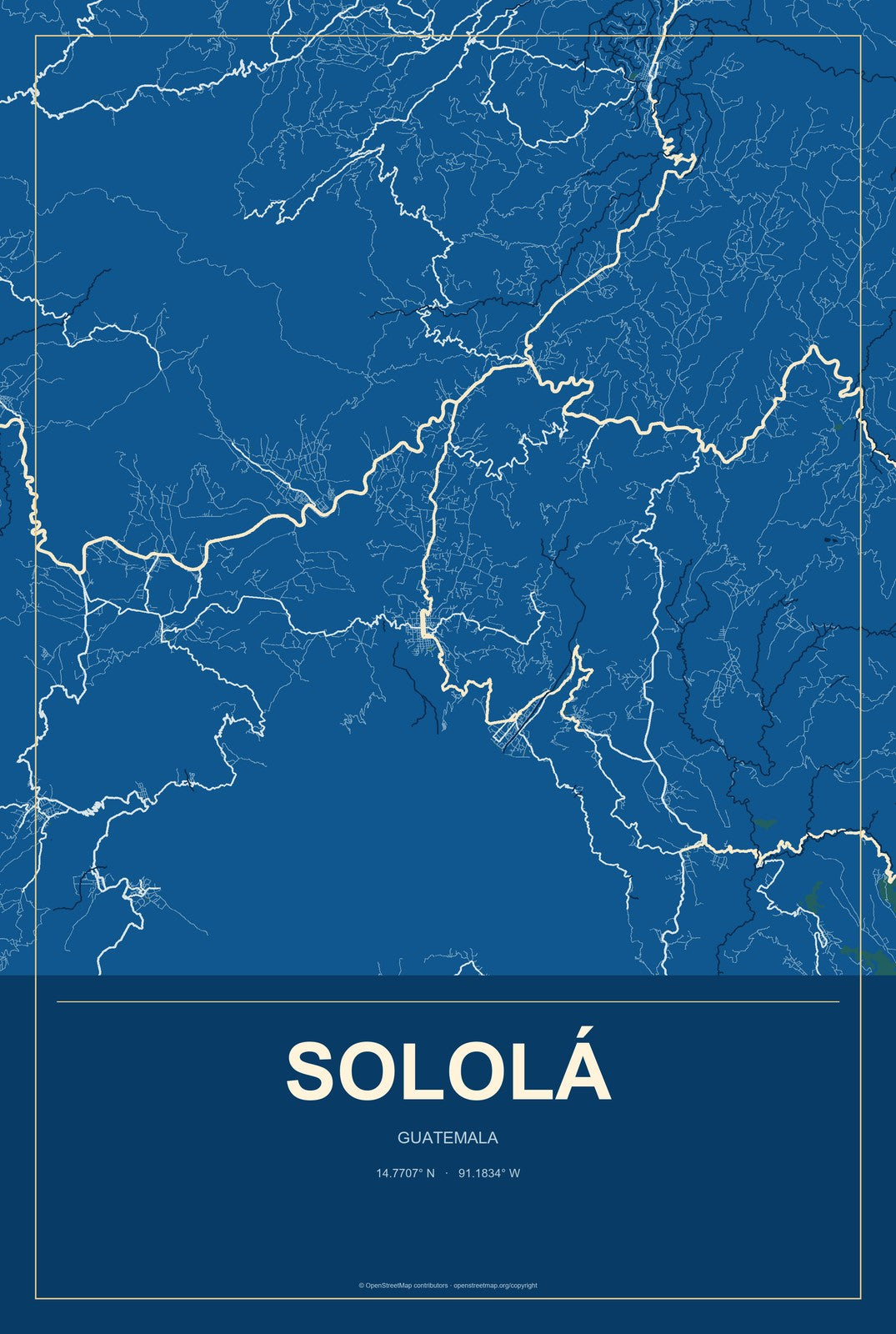 Sololá, Guatemala City Map Aluminum Sign in Harbor Cobalt style
