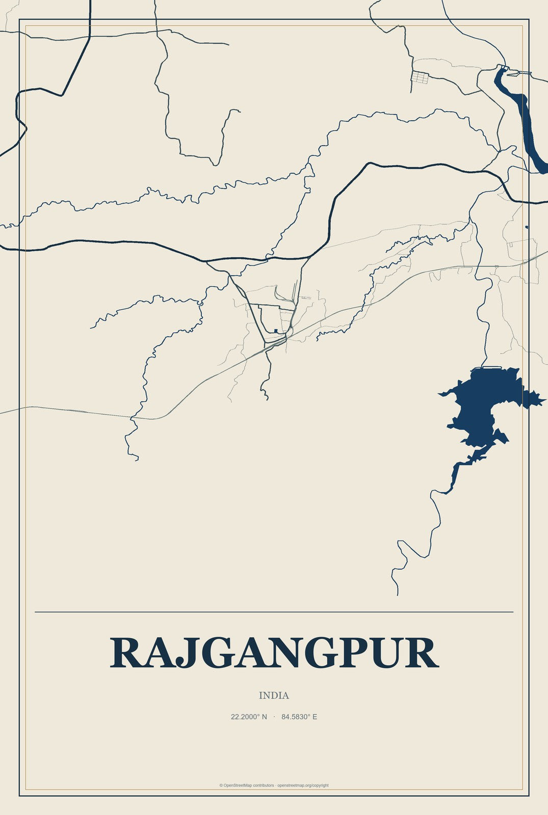 Rajgangpur, India City Map Aluminum Sign in Coastal Cutout style