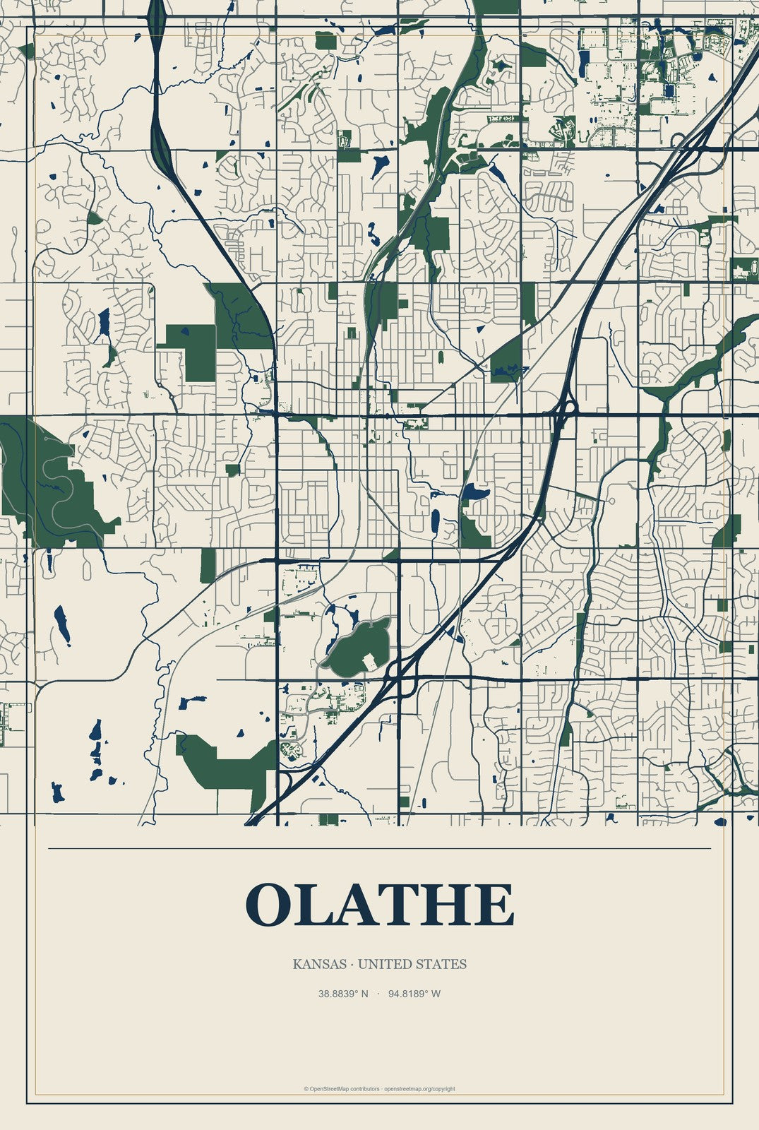 Olathe, Kansas City Map Aluminum Sign in Coastal Cutout style