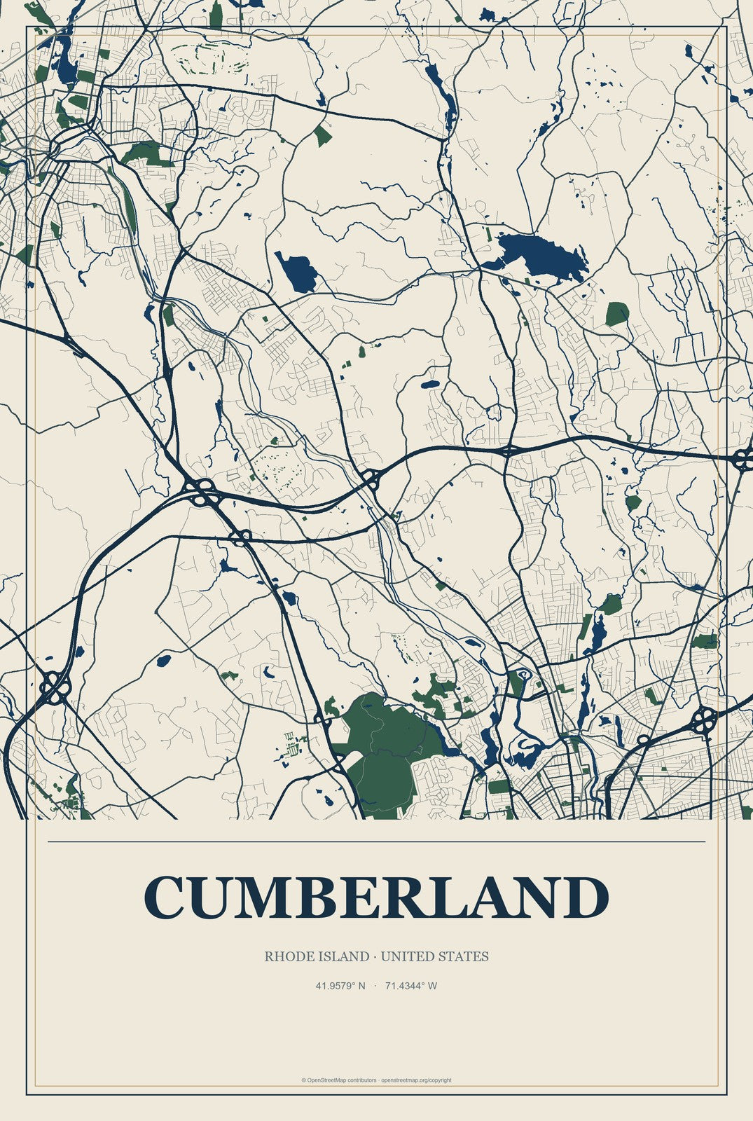 Cumberland, Rhode Island City Map Aluminum Sign in Coastal Cutout style