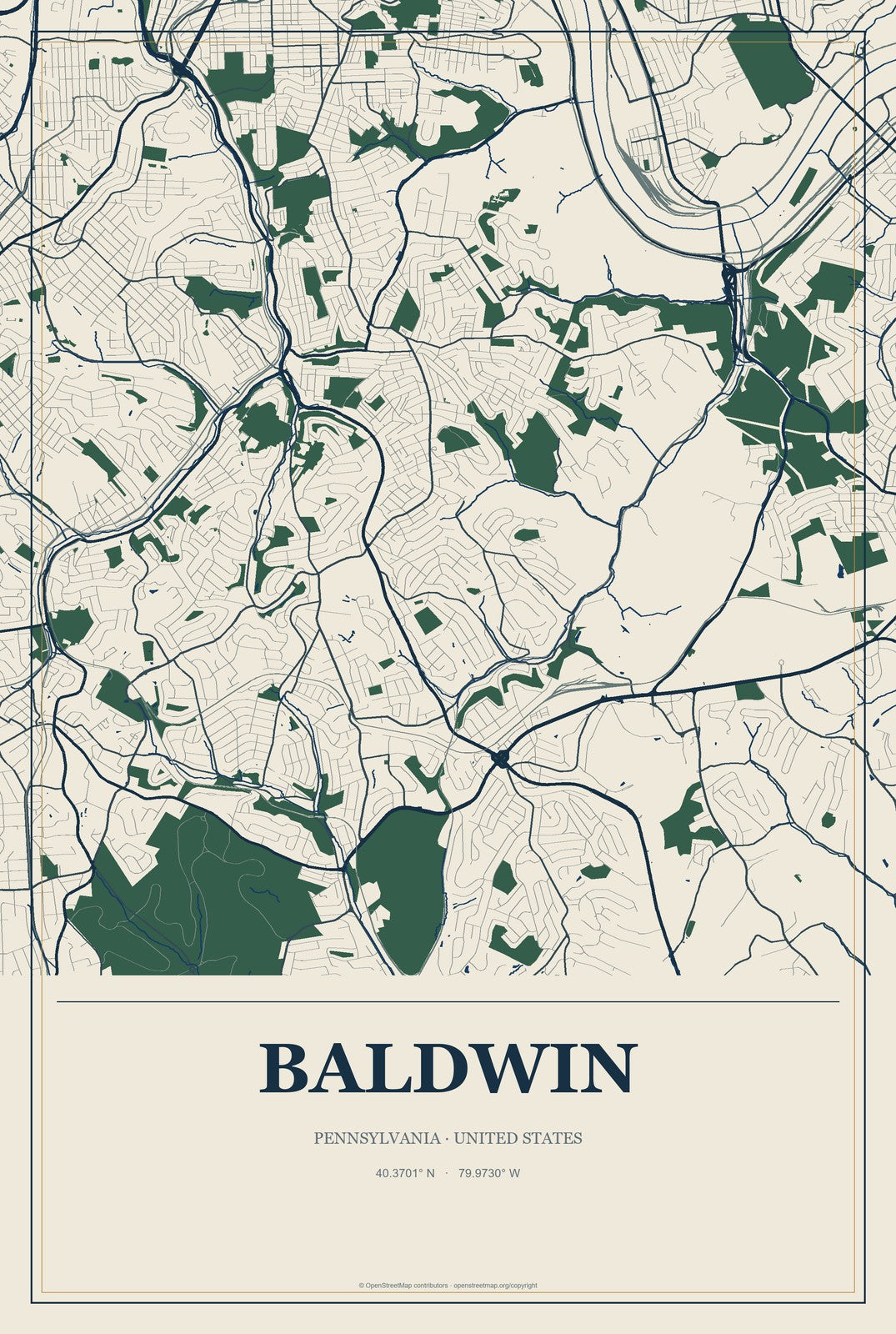 Baldwin, Pennsylvania City Map Aluminum Sign in Coastal Cutout style