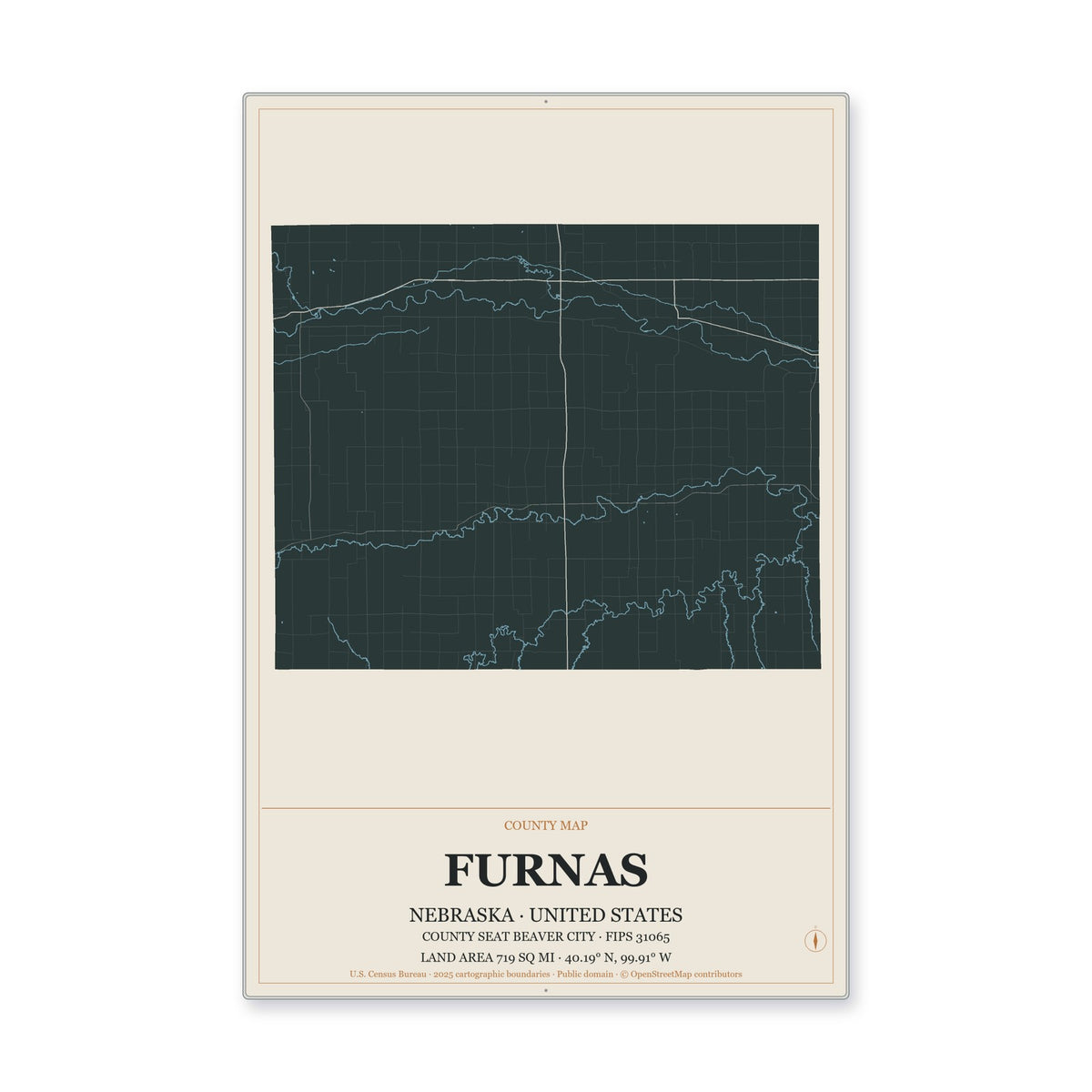 Furnas County, Nebraska Map Aluminum Sign in Headline Atlas style