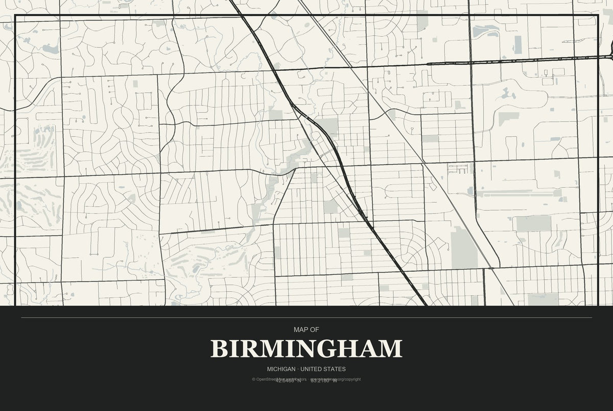 Birmingham, Michigan City Map Aluminum Sign in Museum Plaque style