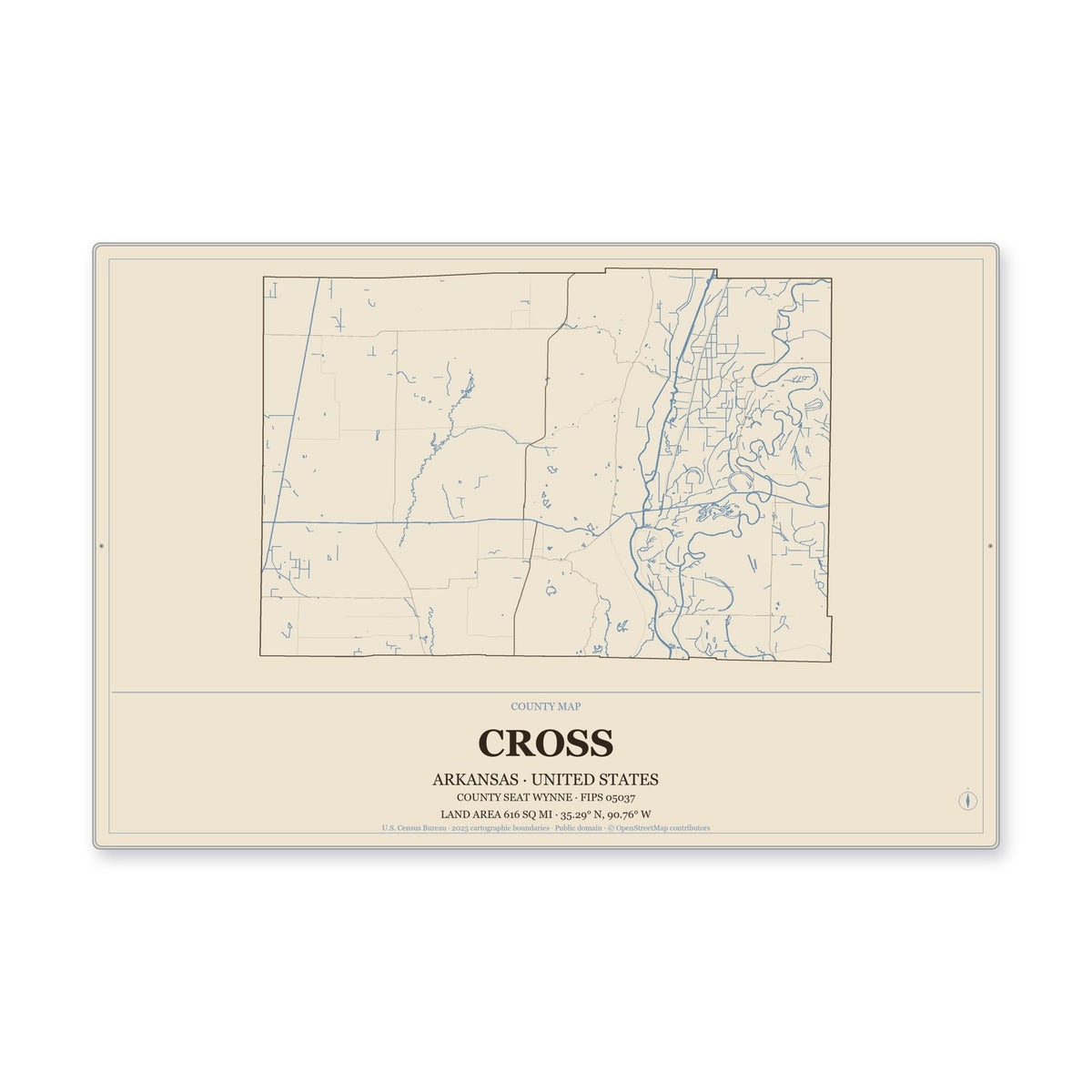 Cross County, Arkansas Map Aluminum Sign in Heritage Nautical style