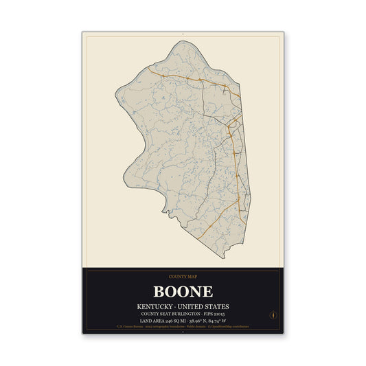 Boone County, Kentucky Map Aluminum Sign in Museum Plaque style