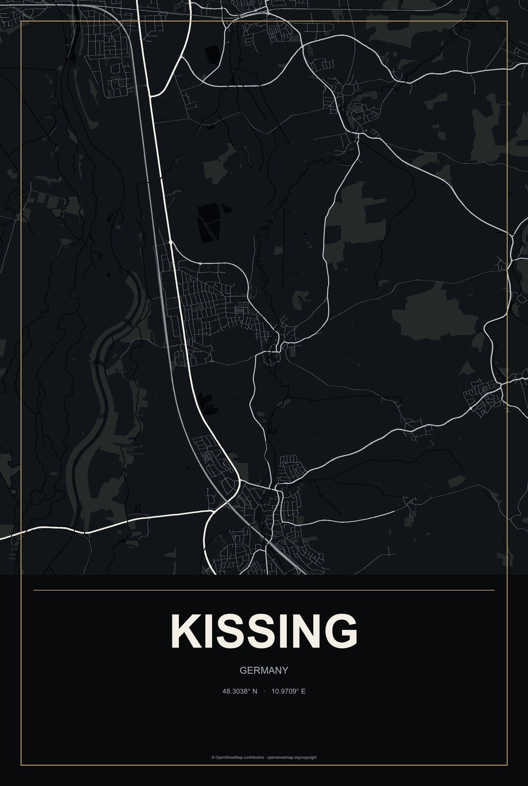 Kissing, Germany City Map Aluminum Sign in Metropolitan Noir style