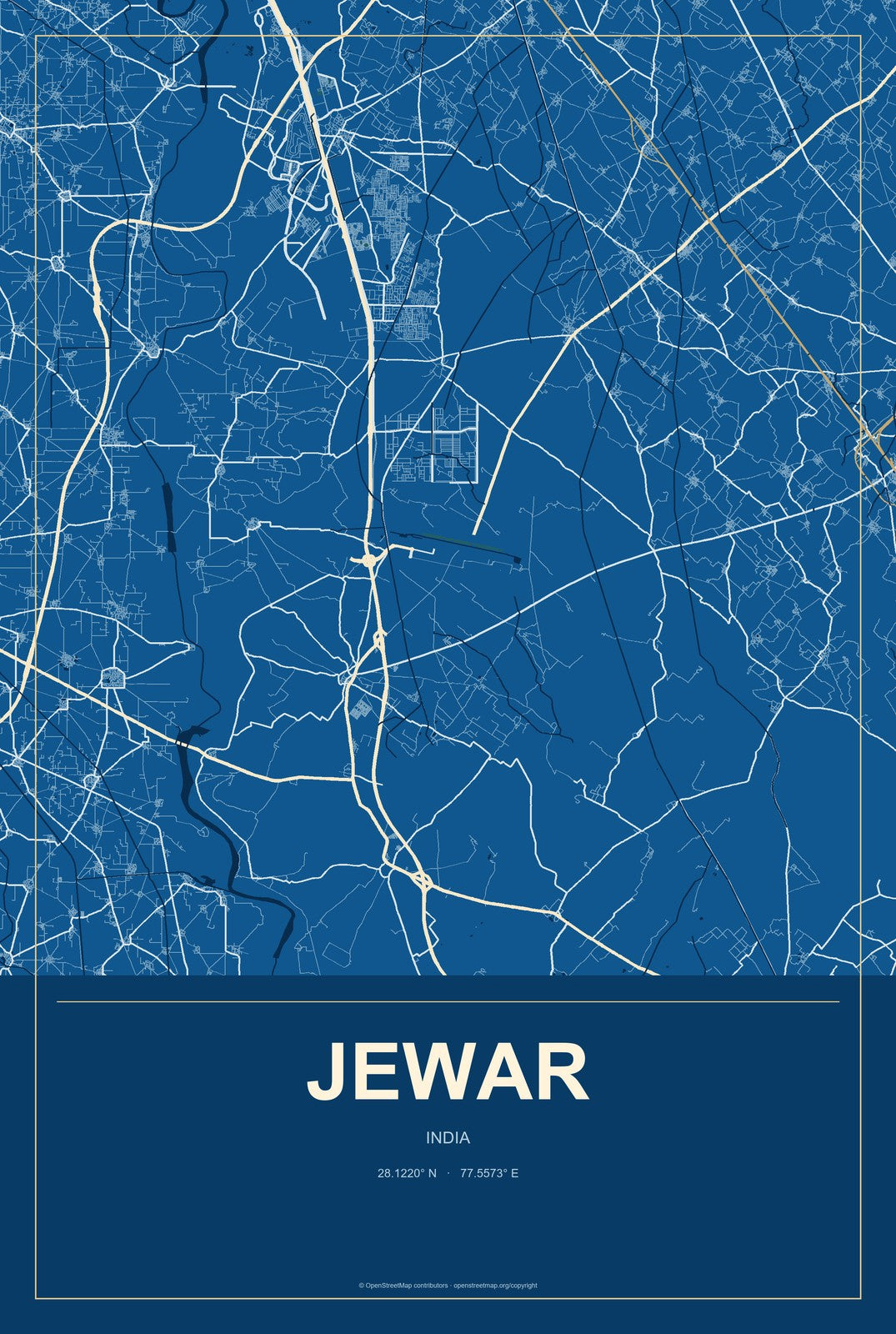 Jewar, India City Map Aluminum Sign in Harbor Cobalt style