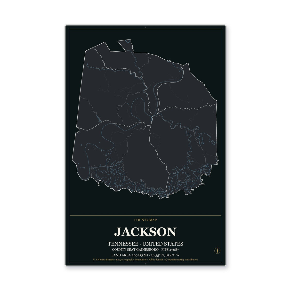 Jackson County, Tennessee Map Aluminum Sign in Metropolitan Noir style