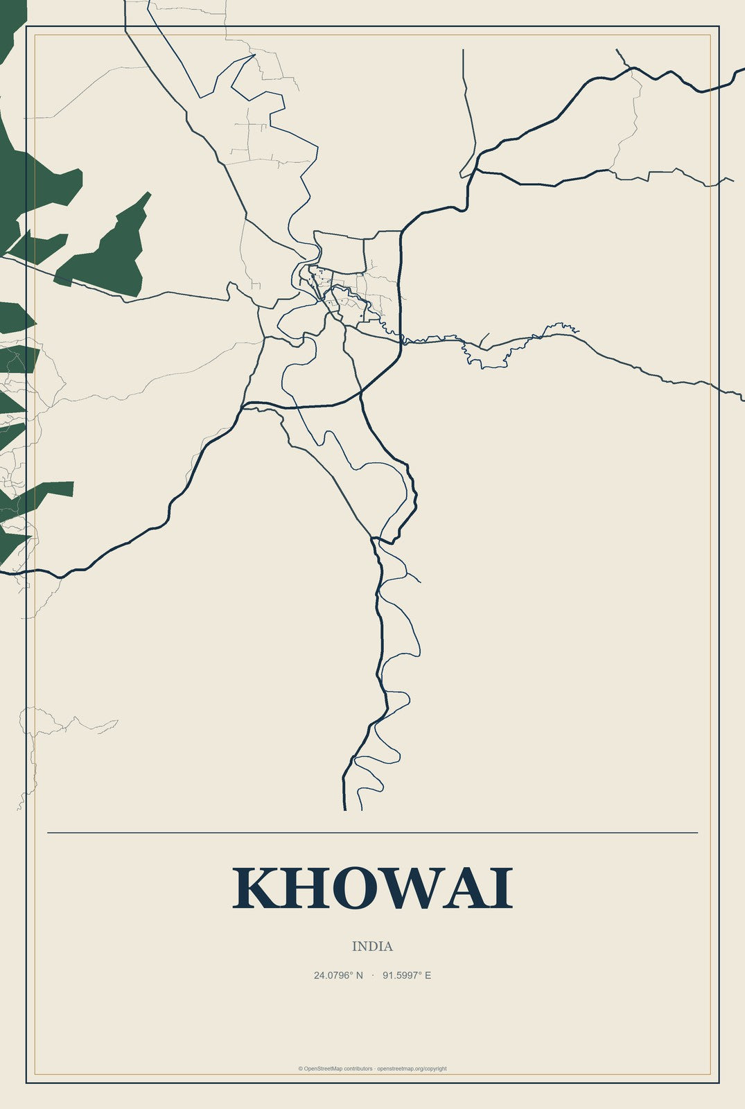 Khowai, India City Map Aluminum Sign in Coastal Cutout style