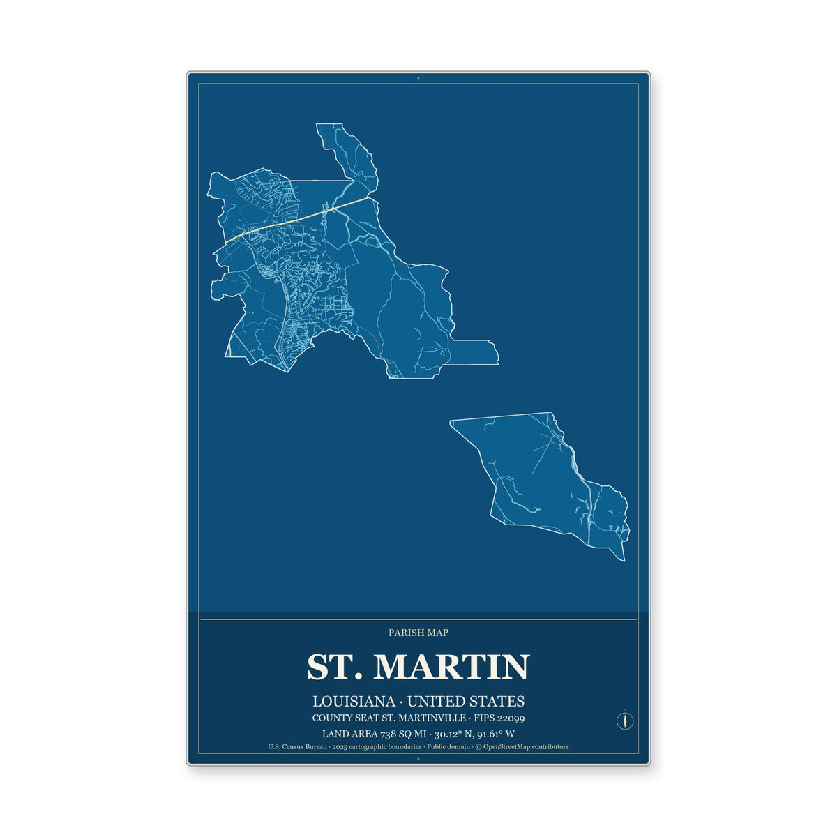 St. Martin Parish, Louisiana Map Aluminum Sign in Harbor Cobalt style