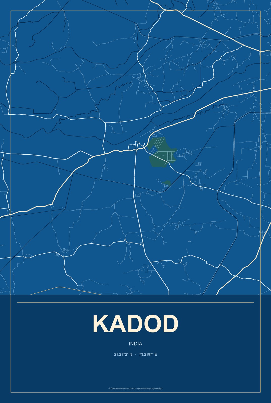 Kadod, India City Map Aluminum Sign in Harbor Cobalt style