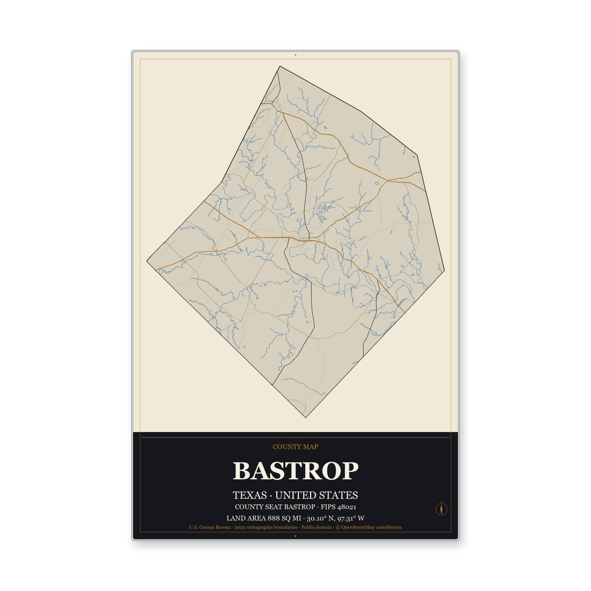 Bastrop County, Texas Map Aluminum Sign in Museum Plaque style