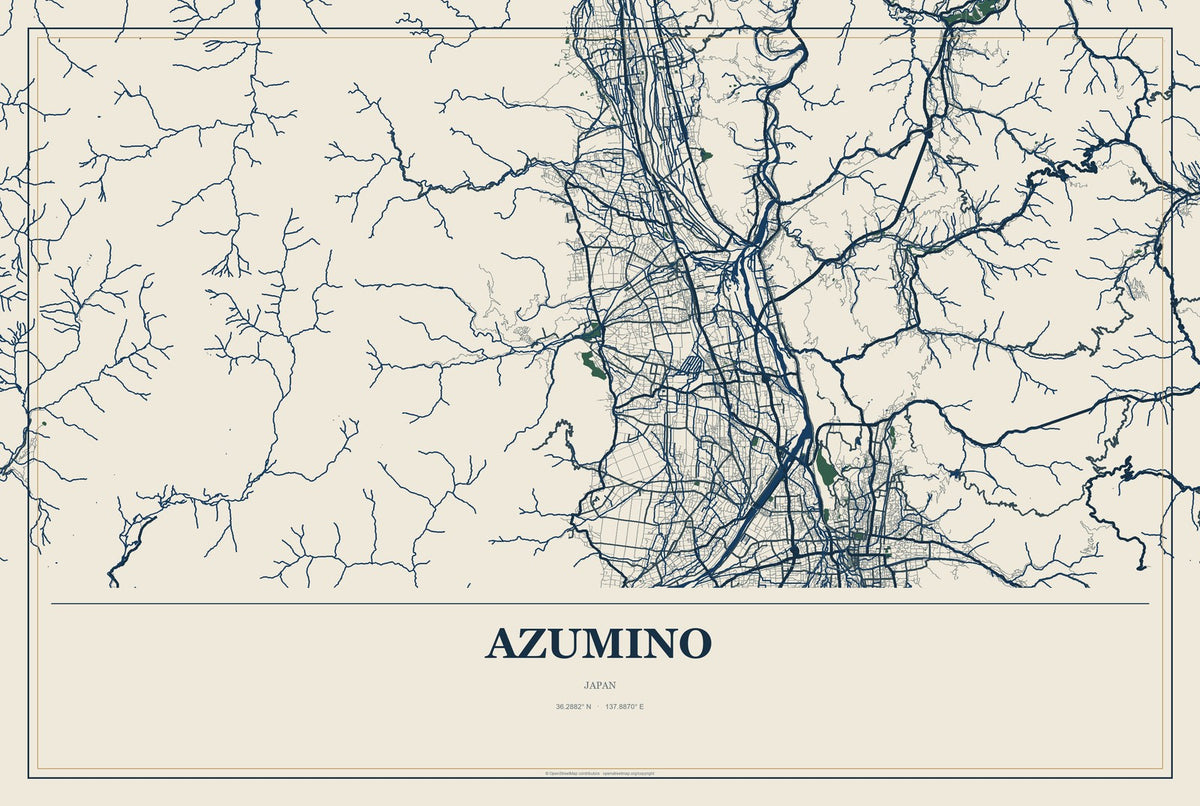 Azumino, Japan City Map Aluminum Sign in Coastal Cutout style