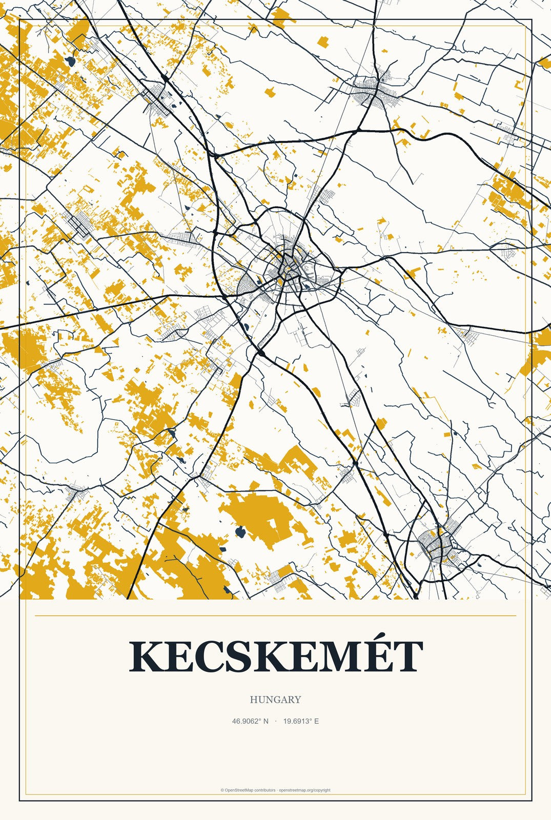 Kecskemét, Hungary City Map Aluminum Sign in Citrine Modern style