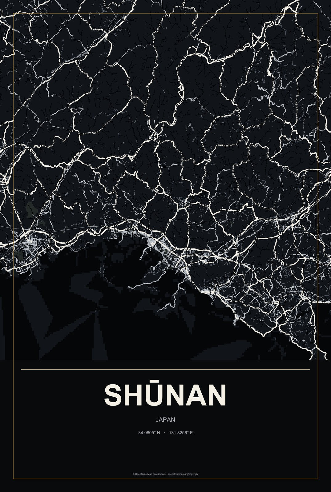 Shūnan, Japan City Map Aluminum Sign in Metropolitan Noir style