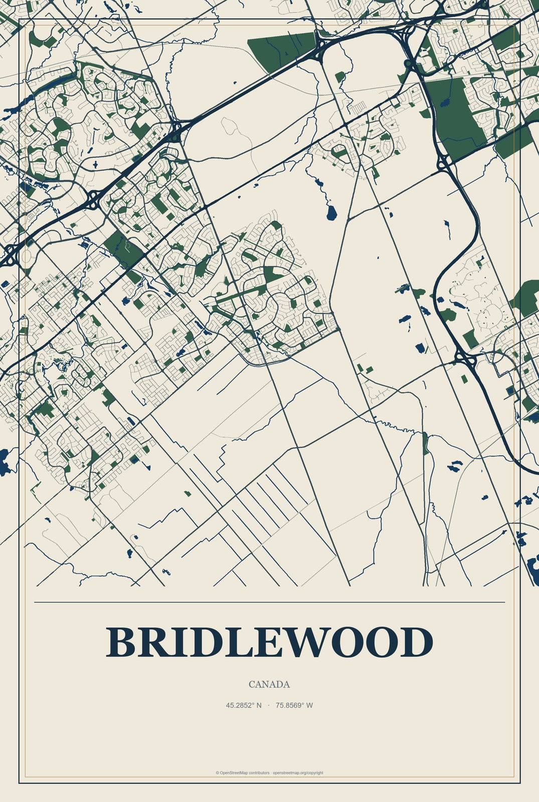 Bridlewood, Canada City Map Aluminum Sign in Coastal Cutout style