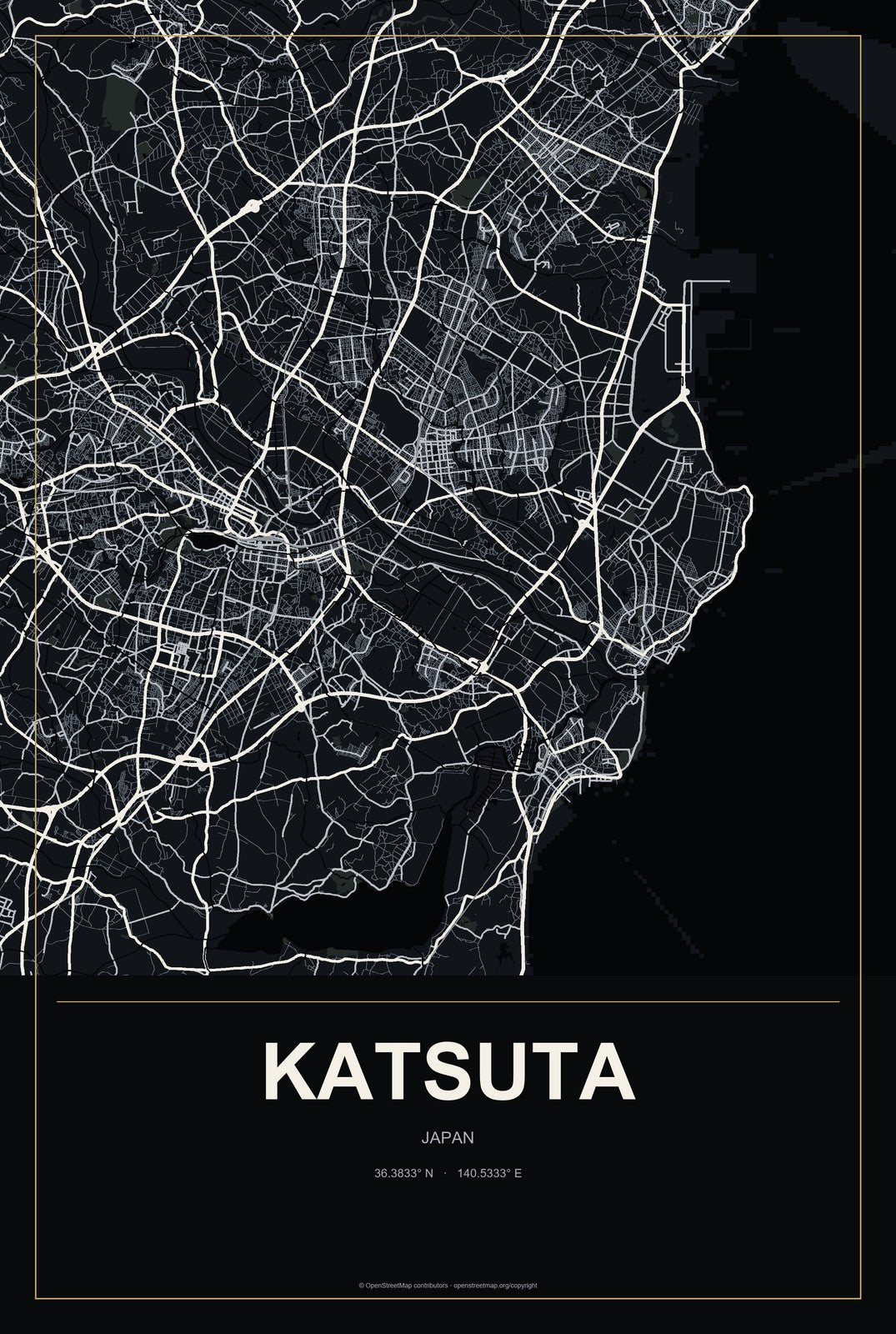 Katsuta, Japan City Map Aluminum Sign in Metropolitan Noir style