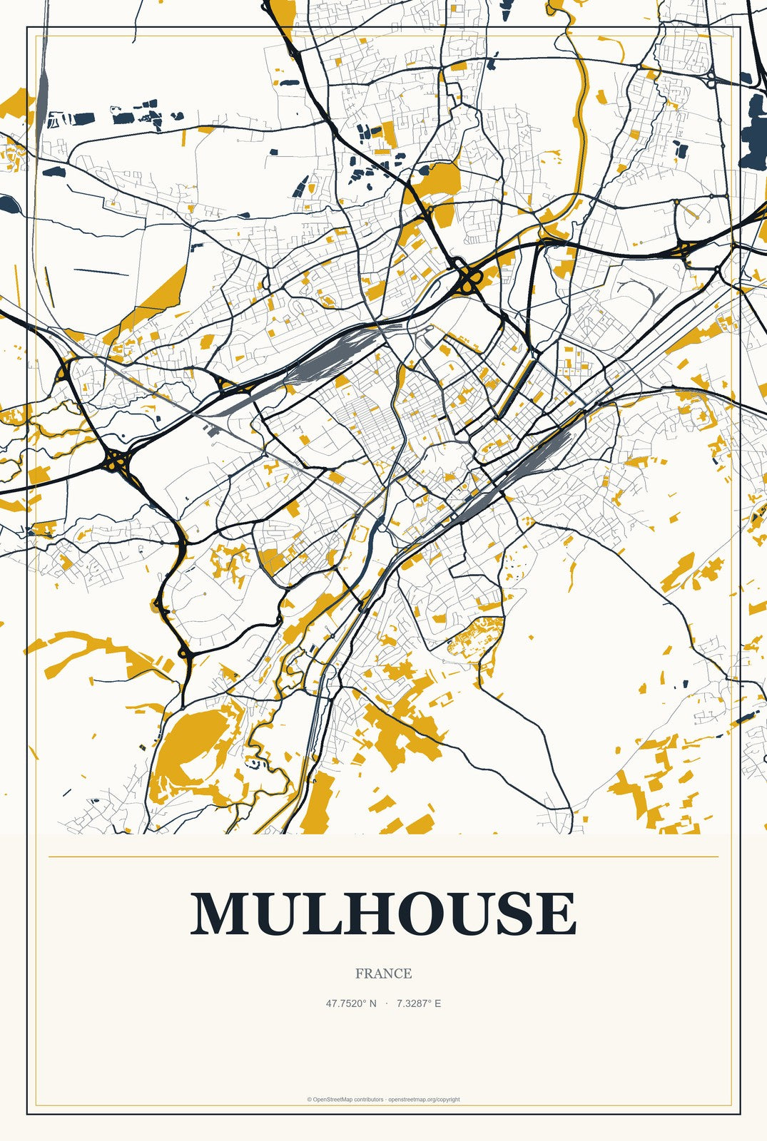 Mulhouse, France City Map Aluminum Sign in Citrine Modern style