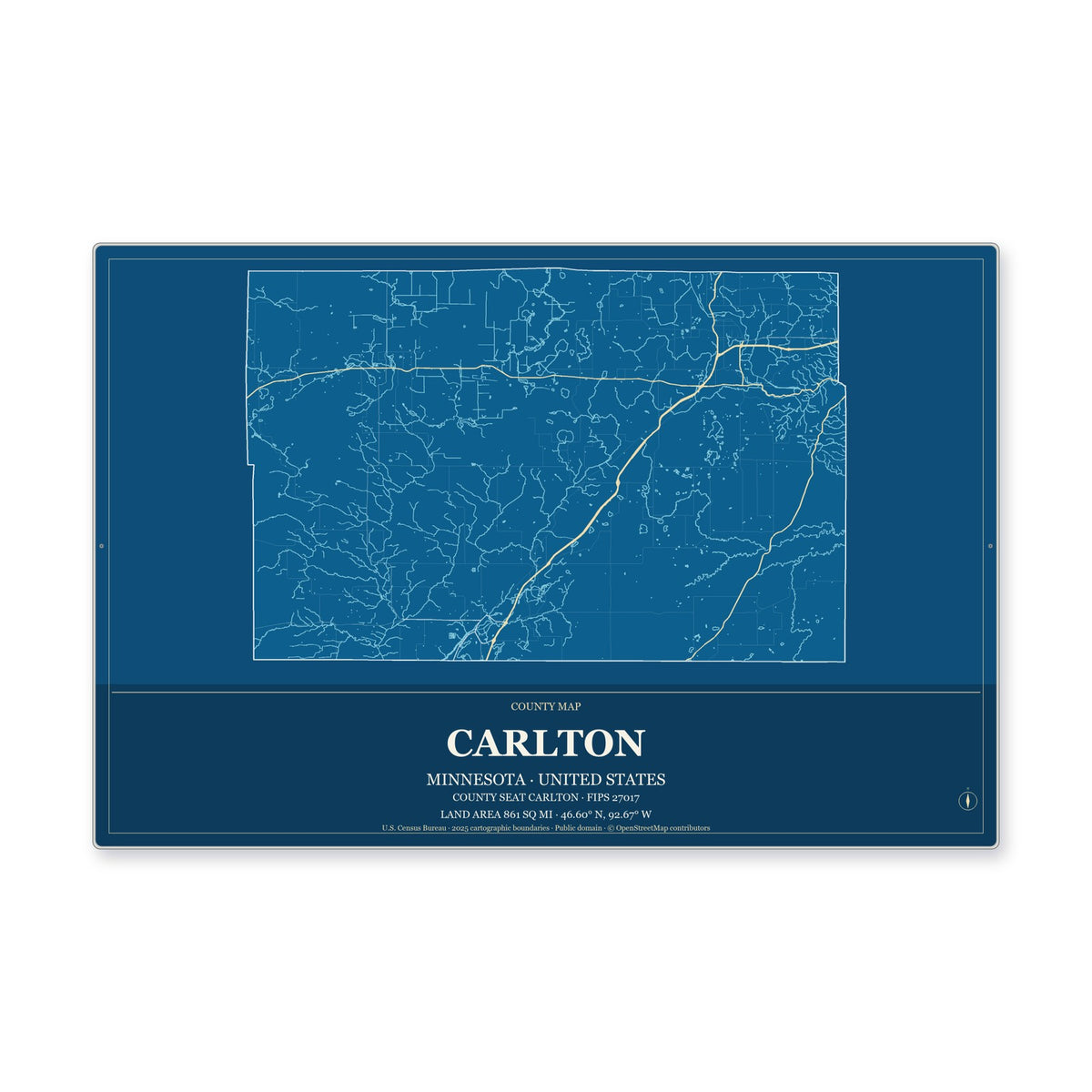Carlton County, Minnesota Map Aluminum Sign in Harbor Cobalt style