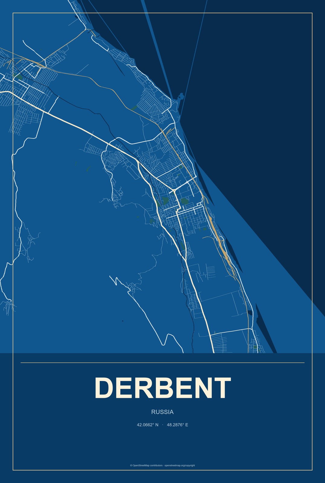 Derbent, Russia City Map Aluminum Sign in Harbor Cobalt style